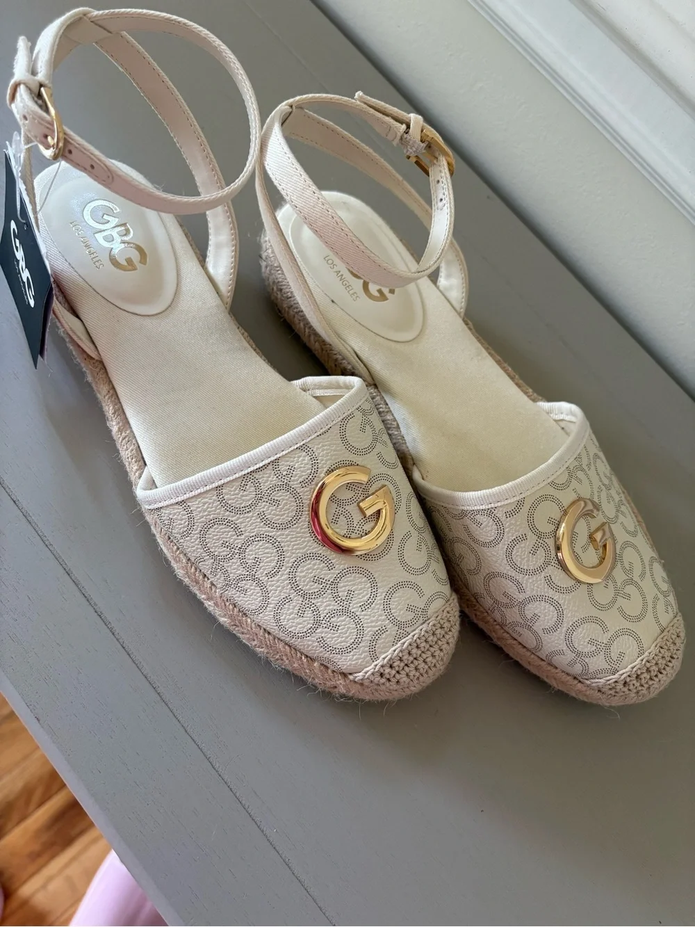 GBG Los Angeles Cream Espadrille Wedge Sandals with Gold G Emblem